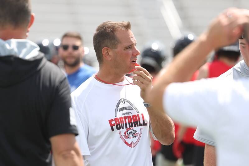Lincoln-Way Central head coach Dave Woodburn watches the offensive take snaps during a 7-on-7 scrimmage at Lincoln-Way East on Tuesday, July 18th, 2023 in Frankfort.