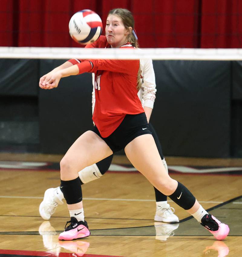 Indian Creek's Jaelyne Johnson receives a Hinckley-Big Rock serve during their match Tuesday, Sept. 9, 2025, at Indian Creek High School in Shabbona.