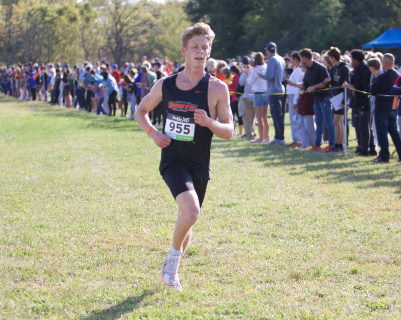 Wheaton Warrenville South's  Aiden Noel heads for the finish line at the St. Charles North Cross Country Invitational on Saturday, Oct. 5,2024 AT LeRoy Oaks Forest Preserve in St. Charles.