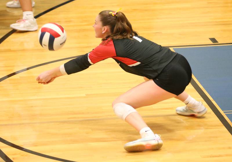 Earlville's Bailey Miller returns a serve from Leland during the Class 1A Regional semifinals on Monday, Oct. 27, 2025 at Somonauk High School.