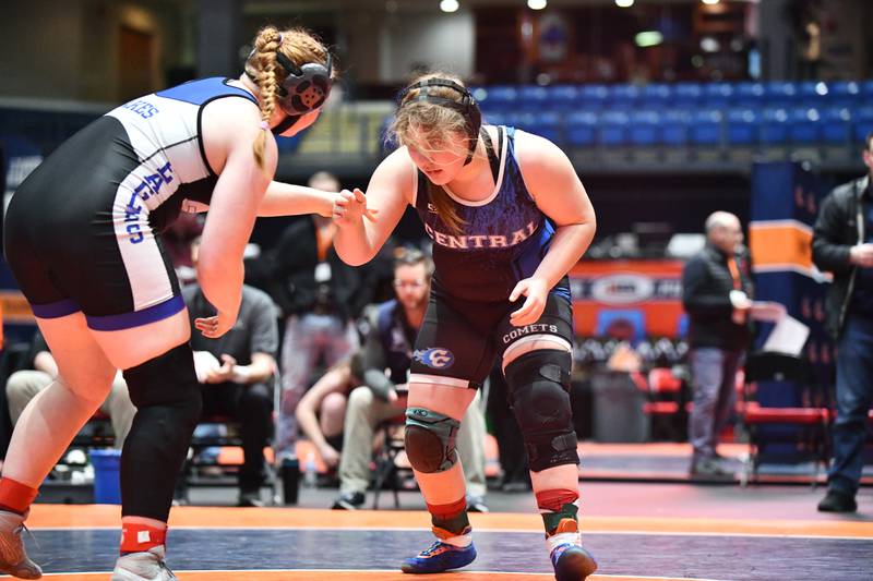 Payton Temple of Clifton Central, right, wrestles in the 190-pound championship match in the IHSA Girls Individual State Finals on Saturday, March 1. Temple took second place to Josephine Larson of Lake Villa (Lakes).