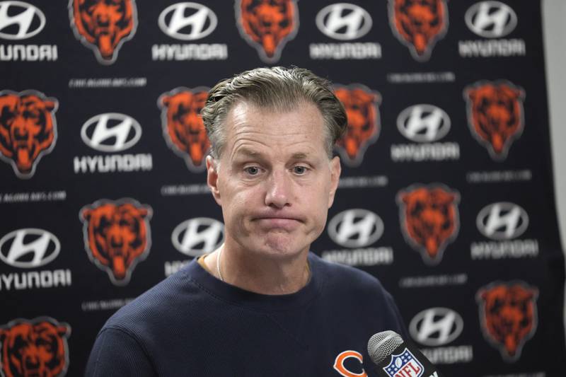 Chicago Bears head coach Matt Eberflus addresses the media after losing to the Detroit Lions, Sunday, Nov. 19, 2023, in Detroit.