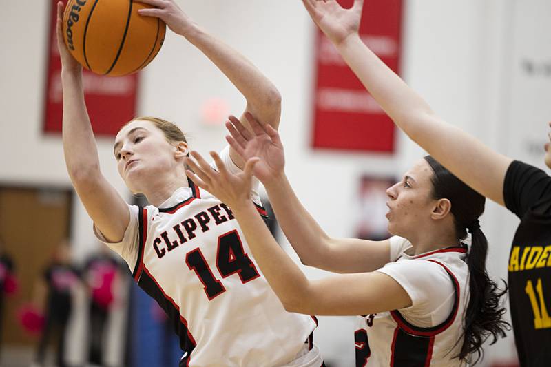 Amboy’s Jillian Anderson hauls down a rebound against AFC Tuesday, Jan. 27, 2026.