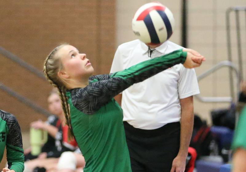 Leland's Tinley Wold saves the ball from going out of bounce during the Class 1A Regional semifinals on Monday, Oct. 27, 2025 at Somonauk High School.