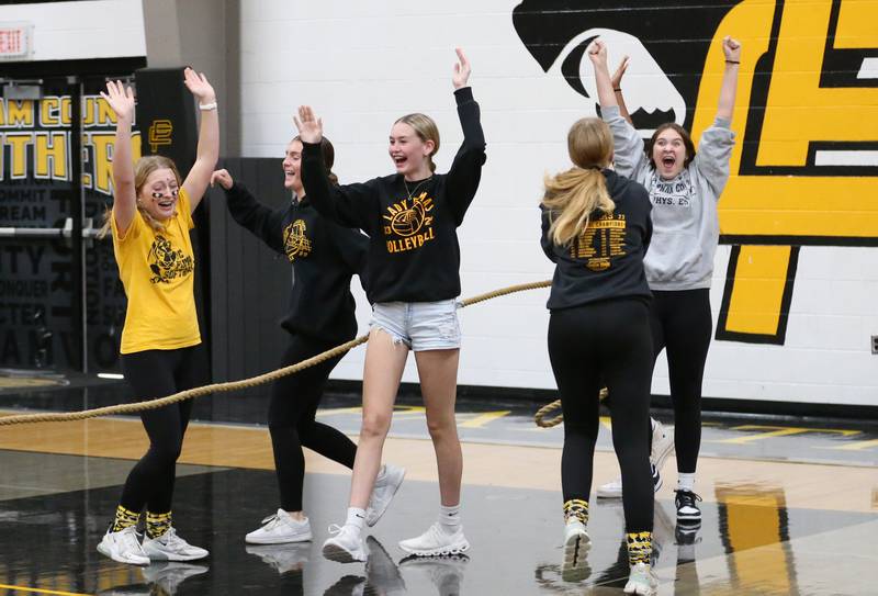 Putnam County junior girls react after beating the seniors in tug-of-war during the football Homecoming Pep Rally on Friday, Sept. 27, 2024 at Putnam County High School in Granville.