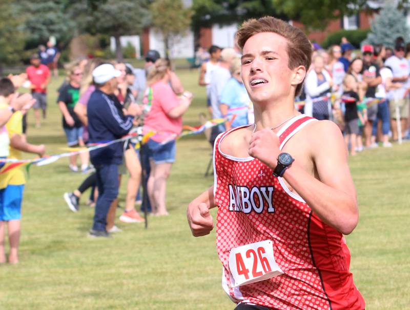 Amboy's Henry Nichols finishes first place in the boys varsity race during the Gary Coates Invitational cross country meet on Saturday, Sept. 13, 2025 at Zearing Park in Princeton .