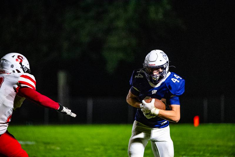 Wilmington's Declan Moran returns a pass during a game against Streator on Friday Oct. 10, 2025 at Wilmington High School