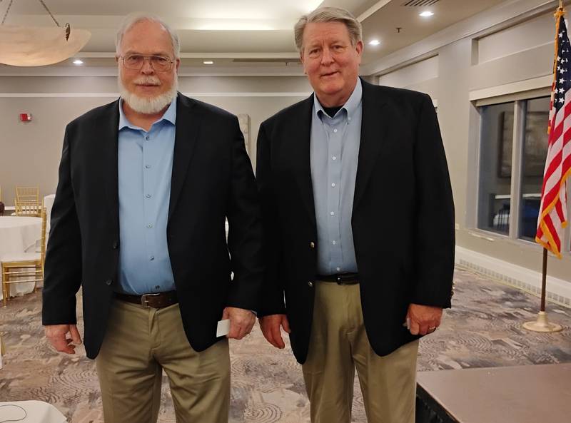 John Kraft, (left) and Kirk Allen, the Edgar County Watchdogs, shared their stories of fighting government corruption with the Three Headed Eagle Alliance at the Eagle Brook Country Club in Geneva on May 7, 2025.