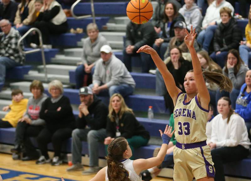 Serena's Jenna Setchell lets go of a jump shot as Somonauk/Leland's Ashley McCoy defends on Monday, Feb. 10, 2025 at Somonauk High School.