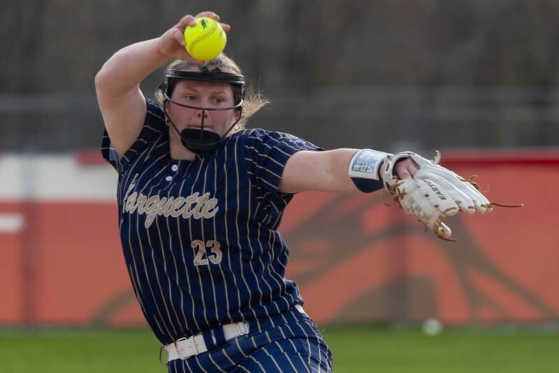 Taylor Cuchra (23) of Marquette pitches on Wednesday, April 16, 2025 at Streator High School in Streator.