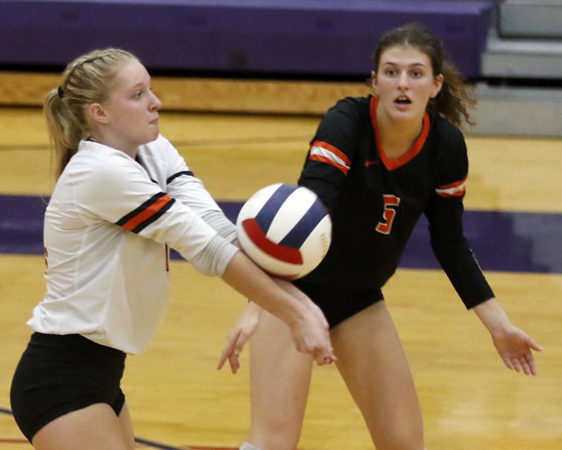 Crystal Lake Central's Tessa Popp passes the ball during a Fox Valley Conference volleyball match against Hampshire on Tuesday, Sept. 24, 2024, at Hampshire High School.