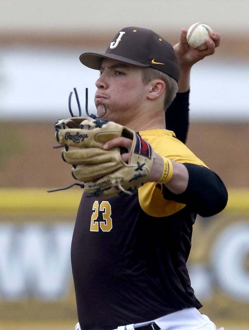 Jacobs’s Christian Graves throws a pitch during a Fox Valley Conference baseball game Thursday, May 5, 2022, between Jacobs and Cary-Grove at Jacobs High School.