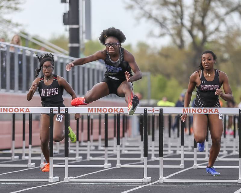 Oswego East's Layla Brisbon wins the 100m hurdles during Southwest Prairie Conference Girls Track and Field Meet Wednesday, May 7, 2025 in Minooka.