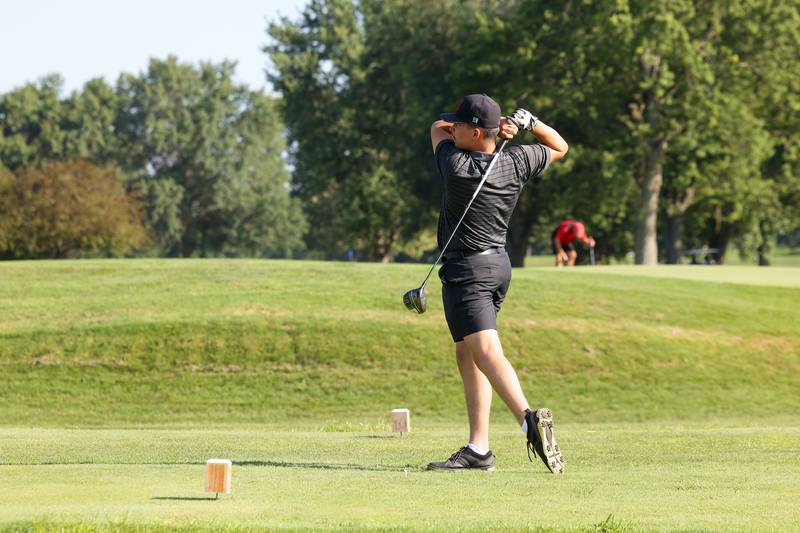 Bradley-Bourbonnais' Lucas Garrett tees off during the Boilermakers' match against Sandburg at the Kankakee Elks on Aug. 14, 2025.