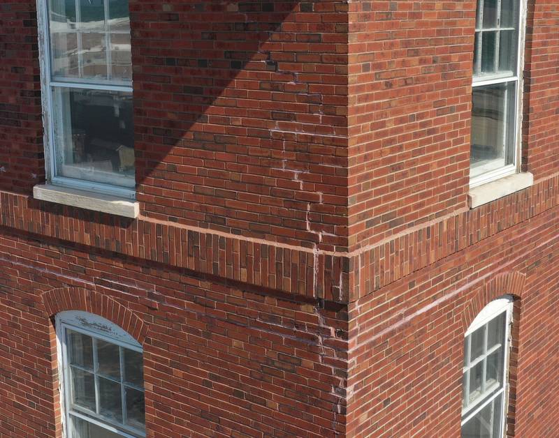 Here, cracking bricks can be seen on the southeast corner of the Hotel Kaskaskia on Thursday, June 16, 2022 downtown La Salle. City of La Salle officials obtained a search warrant of the property and toward the facility.