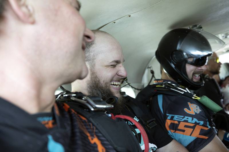 Derrik Lebarron laughs while awaiting his jump Friday, June 27, 2025.