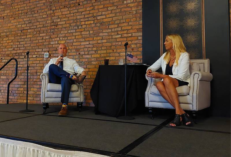 State Rep. Lance Yednock, D-Ottawa, (left) answers questions on stage with state Sen. Sue Rezin, R-Morris, during the Illinois Valley Area Chamber of Commerce's legislative luncheon Thursday, June 20, 2024, at the Ballroom in La Salle.