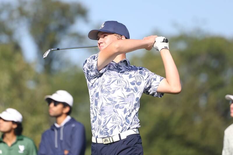 Lemont’s Eddie Scott tees off the 6th hole in the Providence Catholic Invitational at the Sanctuary Golf Course in New Lenox on Saturday, Sept. 8, 2023.