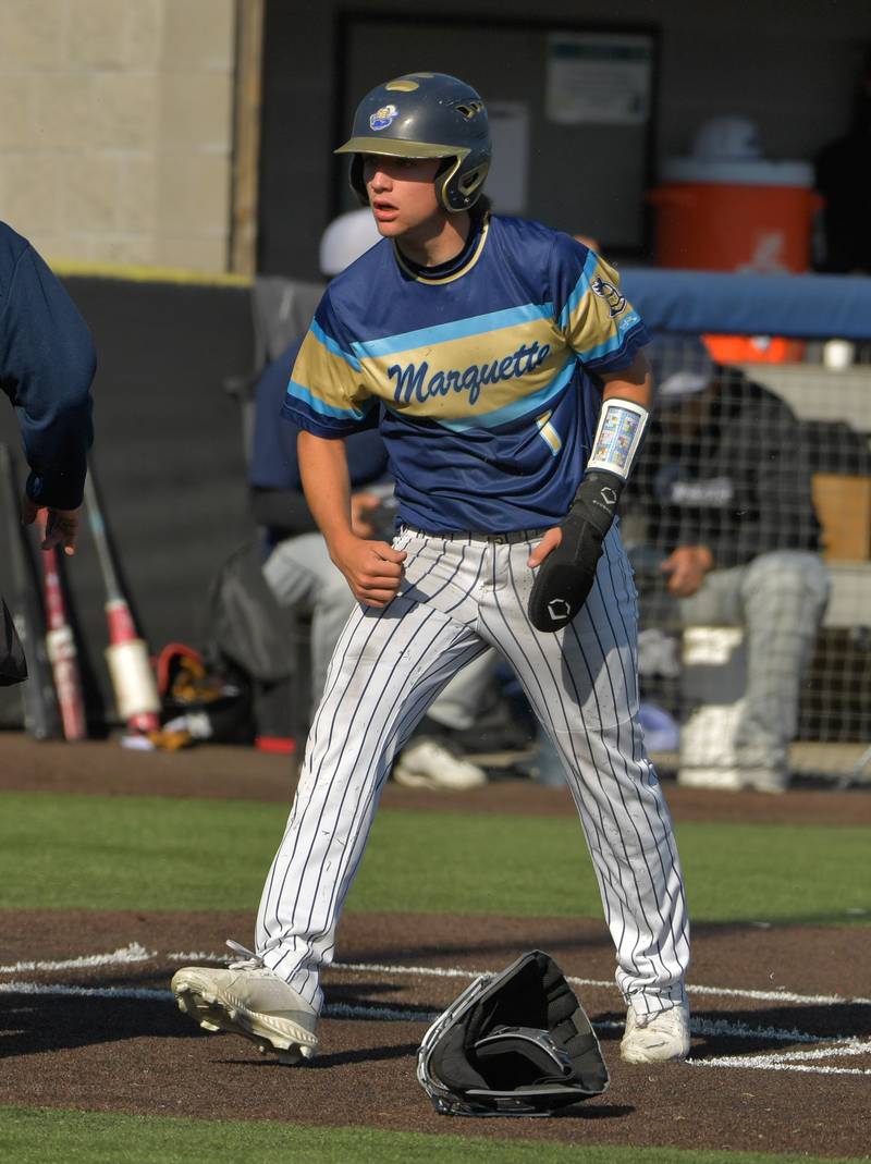 Marquette Academy's Tommy Durdan (1) celebrates scoring in the second inning against Chicago Hope Academy during the 1A baseball sectional semifinal at Judson University in Elgin on Thursday, May 25, 2023.