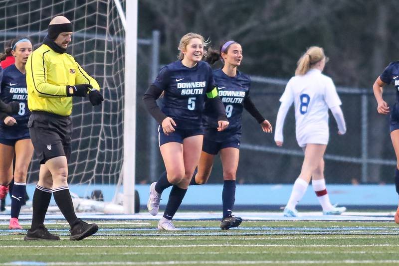 Downers Grove South's Sienna Thurston (5) celebrates a scored goal during soccer match between Riverside-Brookfield at Downers Grove South.  April 10, 2025.