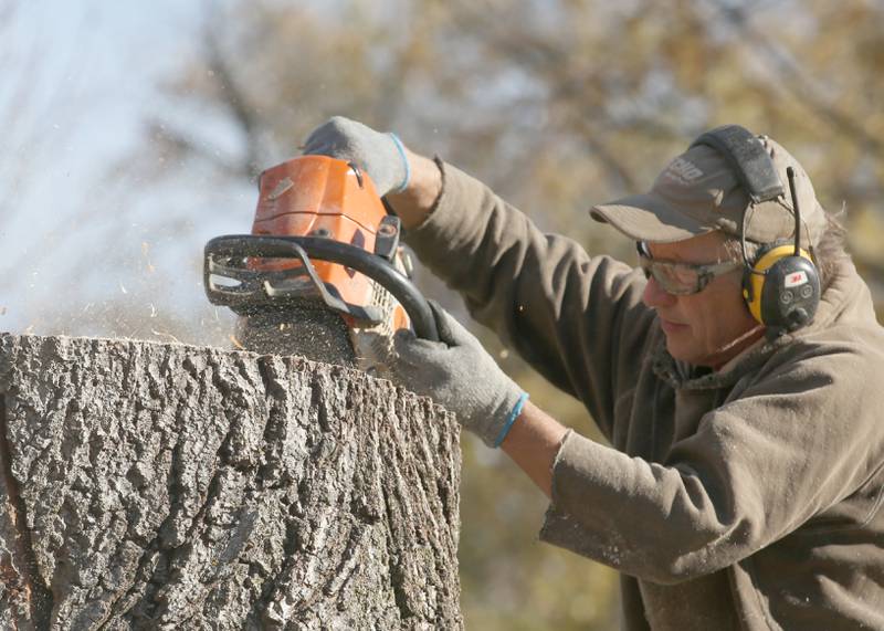 Bud Hainzinger of Morris begins to carve a cross in a tree stump at St. Johns Lutheran Church on Thursday, Nov. 2, 2023 in Peru.