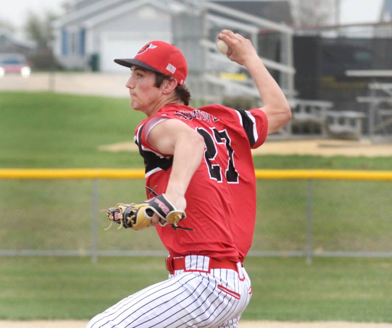 Forreston's Alec Schoonhoven pitches against Lena-Winslow on Monday, April 28, 2025 at Forreston High School.