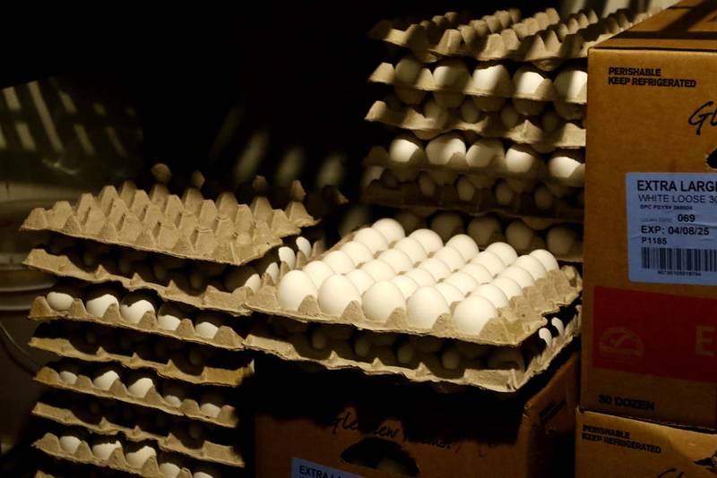 Eggs in the cooler on Friday, March 21, 2025, at Andy's Restaurant, in Crystal Lake.