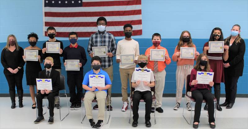 The Troy Community School District 30-C school board recognized its October 2021 Students of the Month. Pictured, top from left, are William B. Orenic Intermediate School Assistant Principal Dr. Jessica Knobbe, Naliviyah Hale, Andrew Markun, Christian Toth, Steven Tabe, Marshaun Polk, Brody McKay, Briahna Klobnak, Valentina Flores Vaca and Troy Middle School Assistant Principal Liz D’Andrea; and bottom from left: Zachary Harrison, Chase Christensen, David Werrbach and Lucy