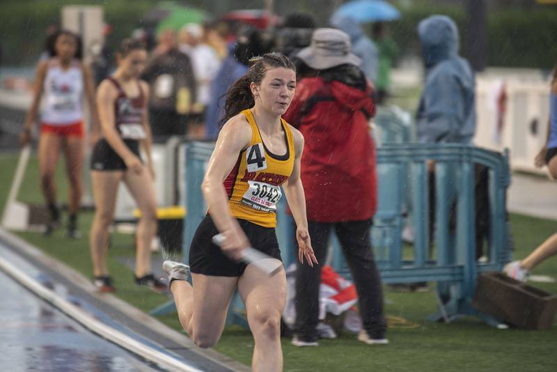 Batavia's Katrina Schlenker competes in the 3A 4x400 finals during the IHSA girls state championships, Saturday, May 21, 2022 in Charleston.