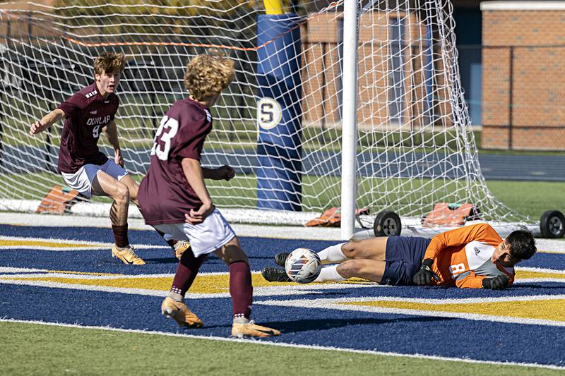 Sterling goalie Marco Chino gives up a rebound against Dunlap Saturday, Oct. 21, 2023 in the regional finals game in Sterling.