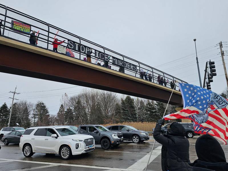 About 200 people protested on Randall Road in South Elgin Sunday, Jan. 25, 2026 against the latest ICE killing in Minnesota of  Alex Pretti, an ICU nurse.