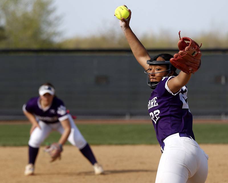 Hampshire's Julissa Akins throws a pitch during a Fox Valley Conference softball game against Burlington Central on Tuesday, April 21, 2026, at Hampshire High School.