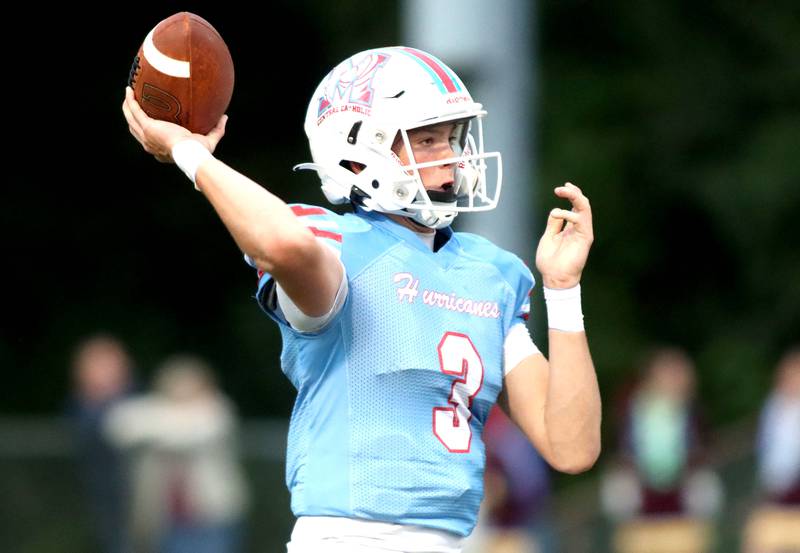 Marian Central’s Colin Hernon passes against Richmond-Burton in varsity football at George Harding Field on the campus of Marian Central High School in Woodstock on Friday, August 29, 2025.