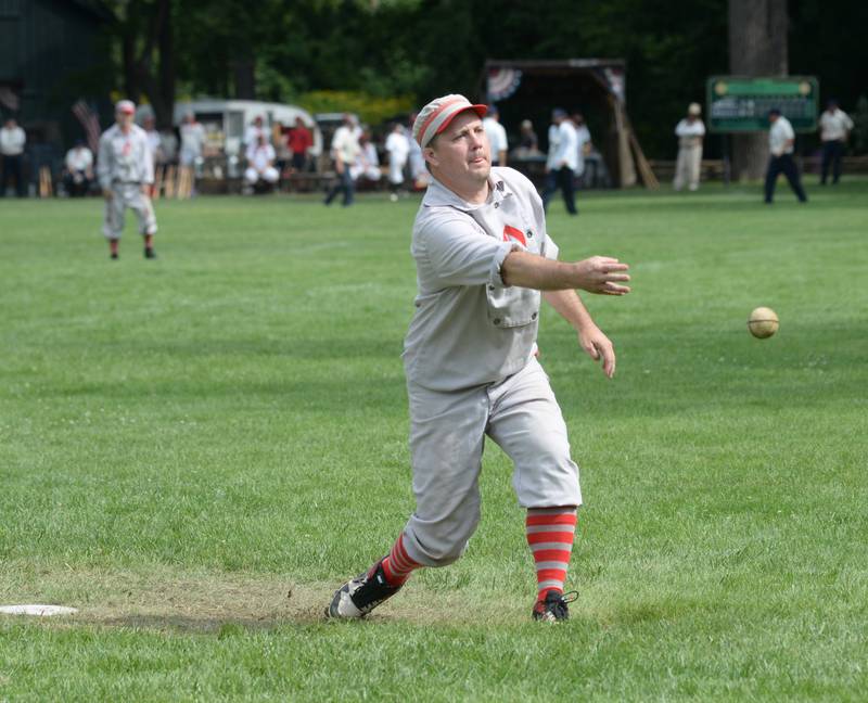 Ganymede's Aaron Berg pitches against Flat Rock on Saturday, Aug. 12, 2023 at the 20th Annual World Tournament of Historic Base Ball.
