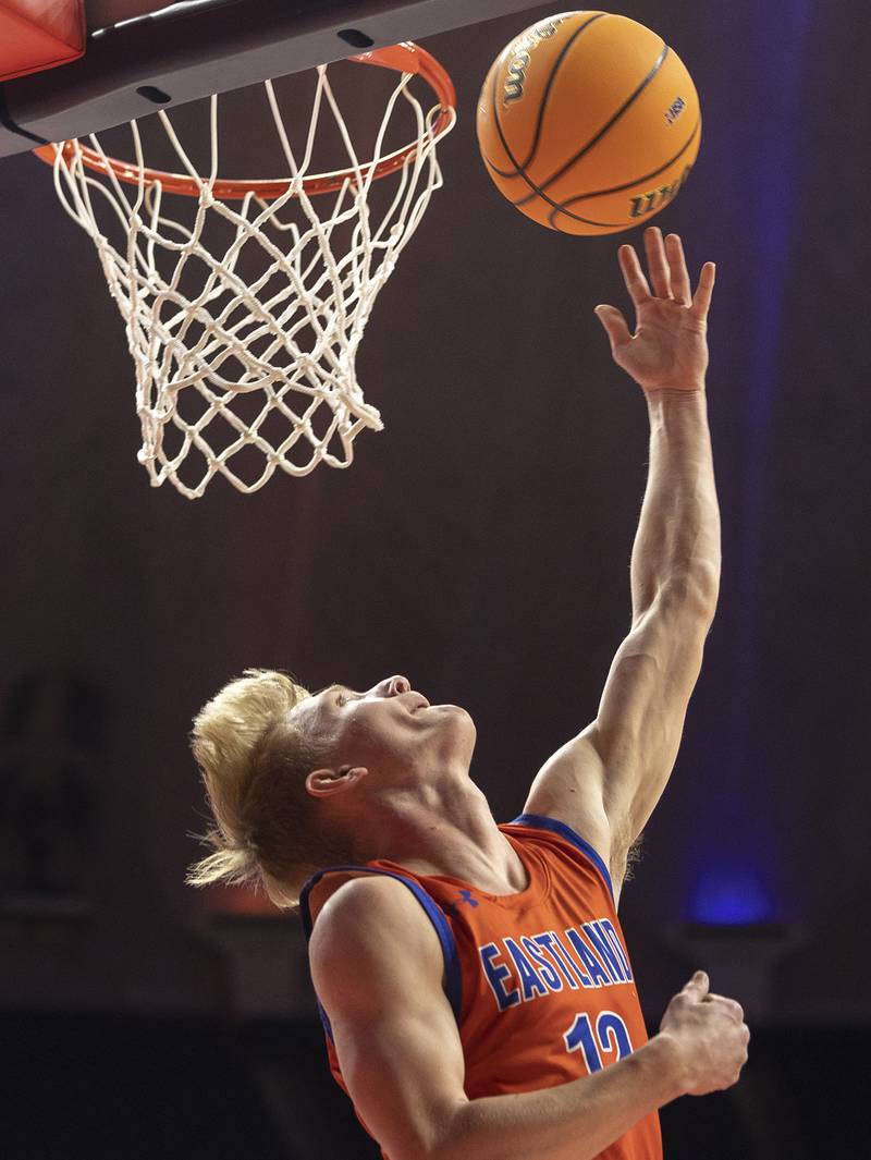 Eastland’s Adam Awender drops in a bucket against Peoria Christian Thursday, March 13, 2025, during the Class 1A boys basketball state semifinal.