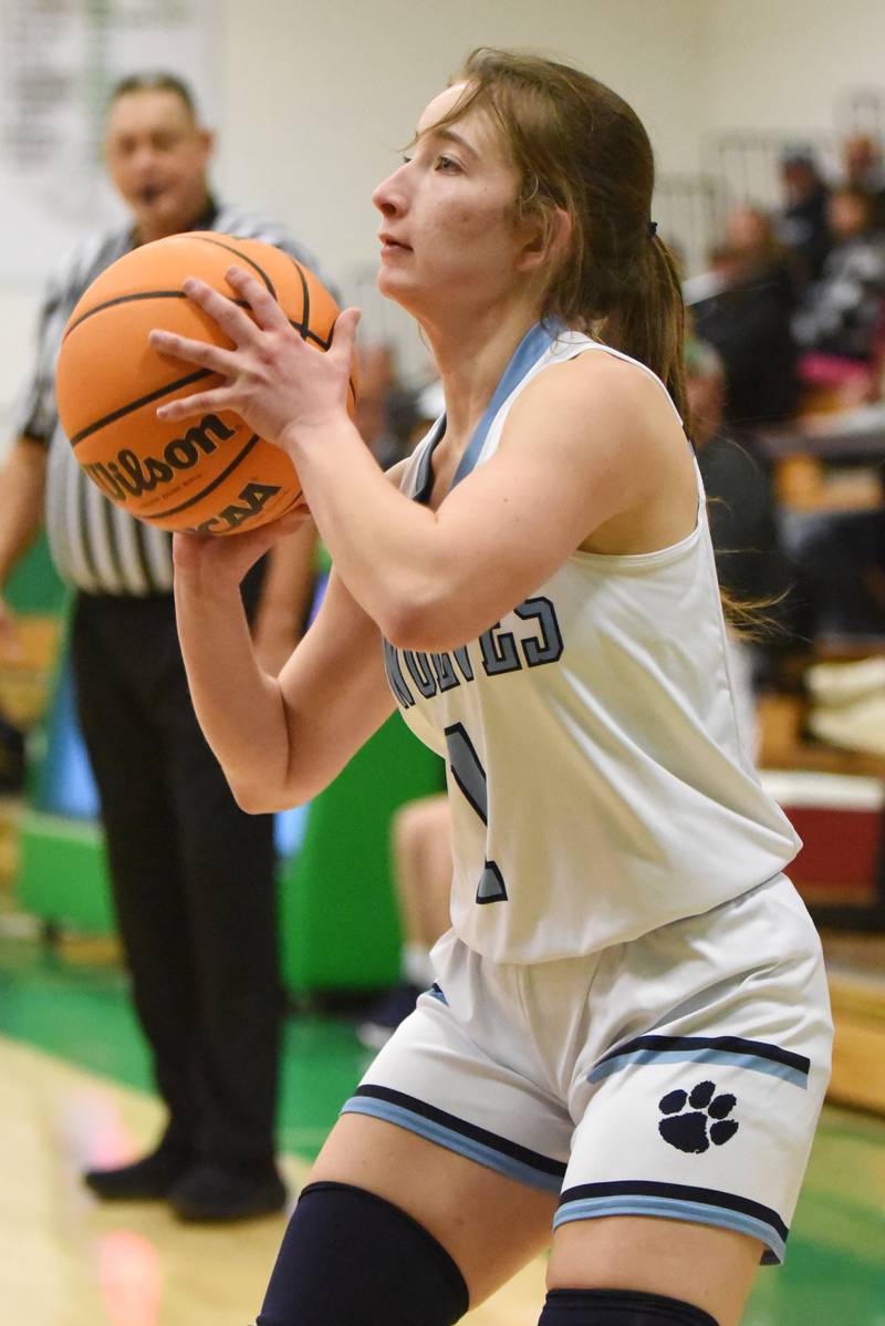 Cissna Park's Julia Edelman shoots a 3-pointer during an IHSA Class 1A Dwight Regional semifinal against Ridgeview at Dwight Township High School Monday, Feb. 17, 2025.