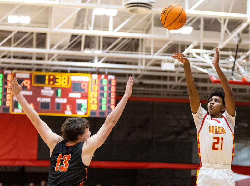 Batavia guard Xavier Justice shoots a field goal during a home game against Wheaton Warrenville South on Tuesday, Jan. 7, 2025.