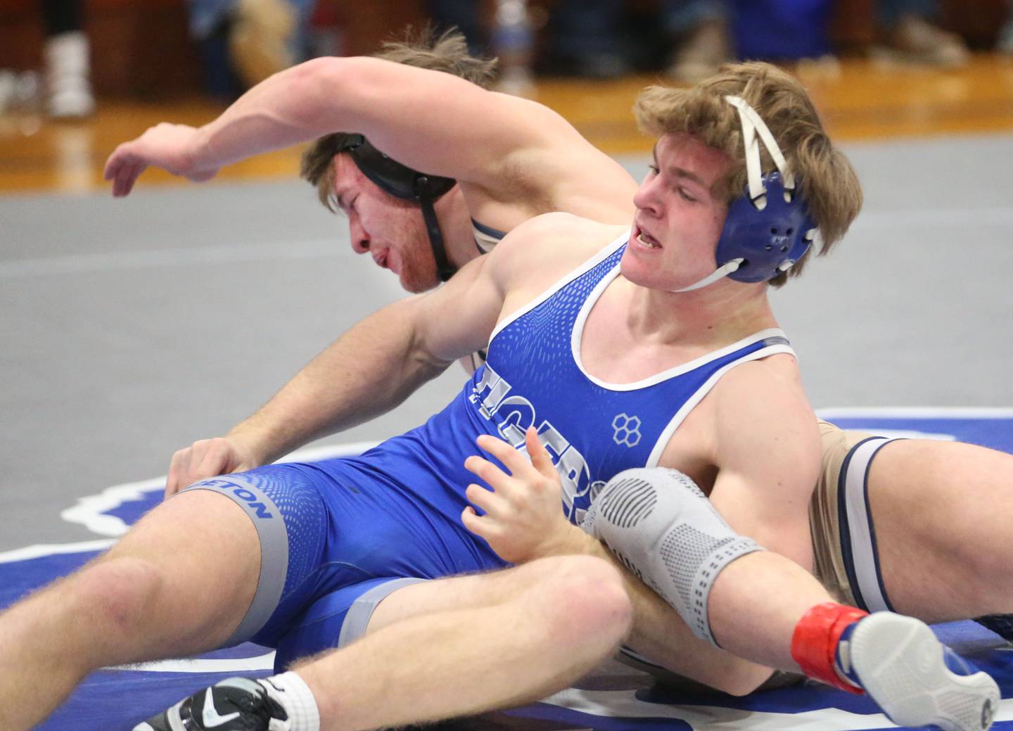 Princeton's Casey Etheridge wrestels Riley Leifheit during the Class 1A Regional meet on Saturday, Jan. 31, 2026 at Princeton High School.