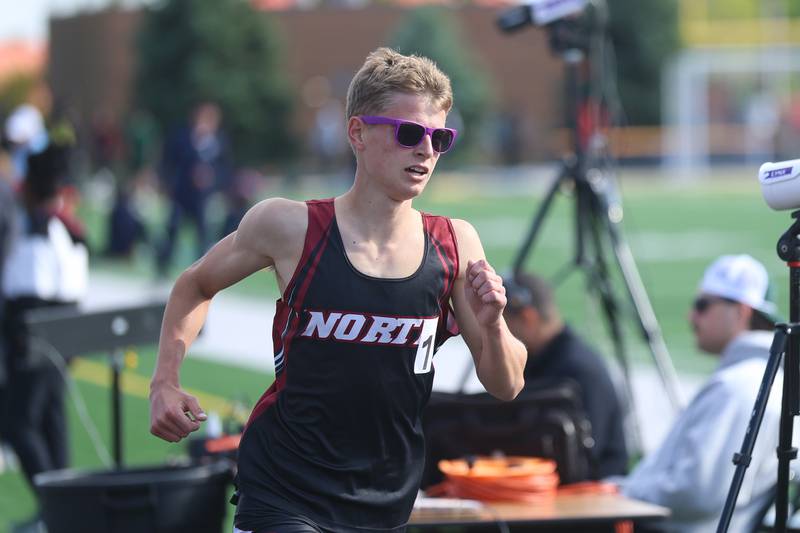 Plainfield North’s Thomas Czerwinski rounds the last 400 meters for the win in the 3200 Meters in the Southwest Prairie Conference boys track and field championship on Wednesday, May 13, 2026 at Joliet West High School.