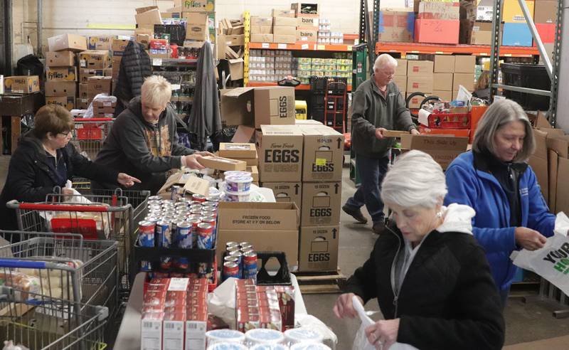 Volunteers gather perishable food during the Thanksgiving distribution on Wednesday, Nov. 19, 2025 at the Hall Township Food Pantry in Spring Valley. Nearly 500 families will receive food from this years distribution.