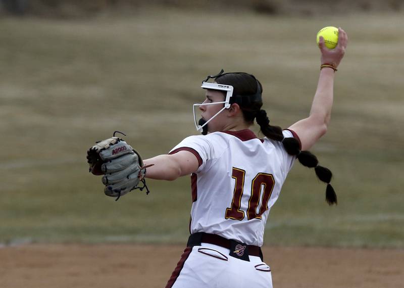 Richmond-Burton’s Hailey Holtz throws a pitch during a nonconference softball game against Prairie Ridge on Tuesday, March 18, 2025, at Richmond-Burton High School.