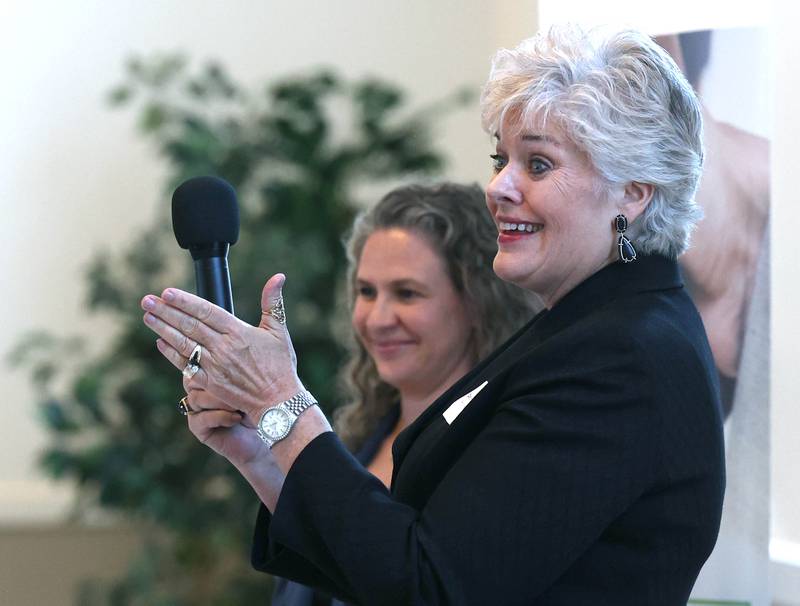 Darby Dwyer, from Green Closet Creative, speaks after her company received the Spirit of Small Business award during the Sycamore Chamber of Commerce Annual Meeting Thursday, March 6, 2025, at St. Mary's Catholic Church in Sycamore.