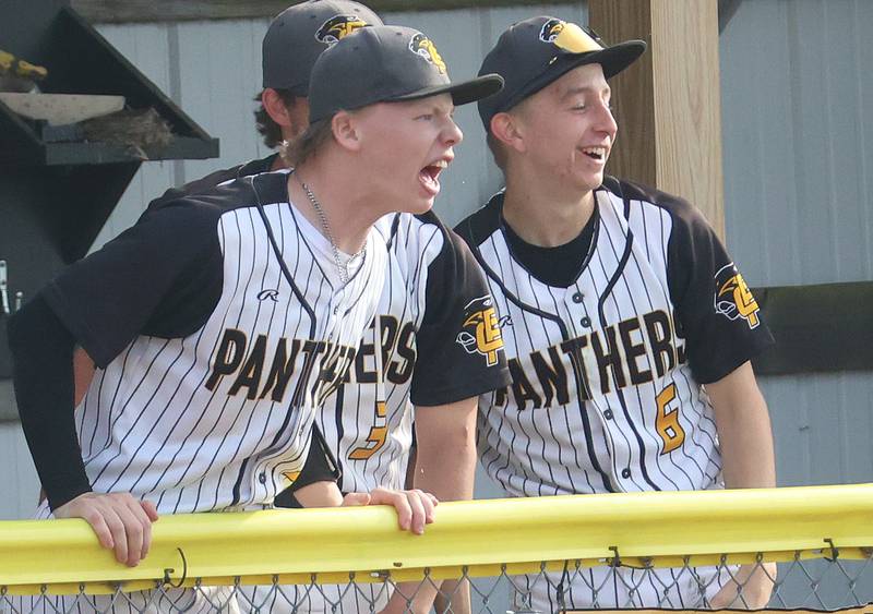 Putnam County's Peyton Barto and teammate Maddox Poole react from the dugout as teammate Carter Hochstatter gets a hit on Friday, May 8, 2026 at Putnam County High School.