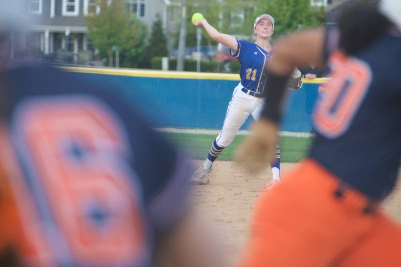 Wheaton North's Reagan Crosthwaite throws to first on the play against Oswego on Tuesday May 6, 2025 in Wheaton.