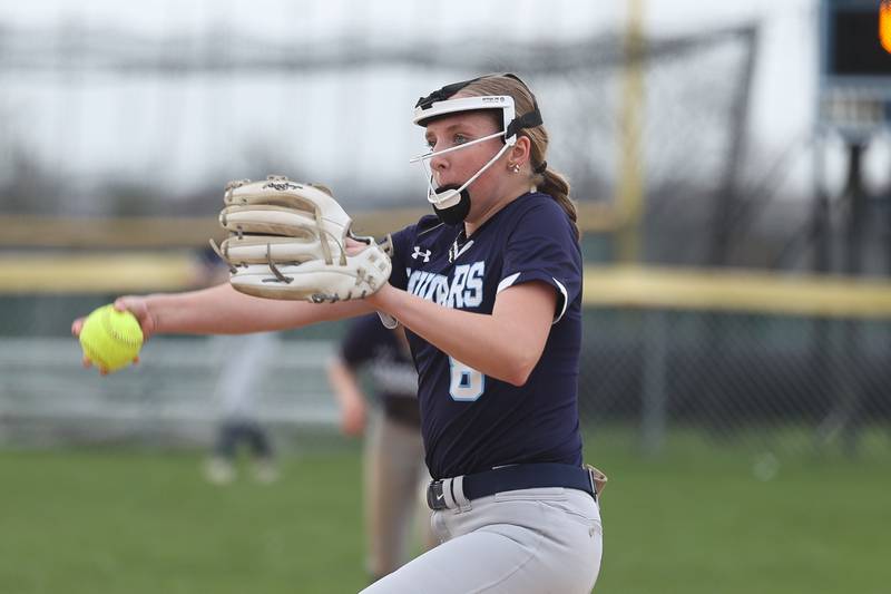 Plainfield South’s Regina Glover delivers a pitch against Joliet Catholic on Wednesday, April 10, 2024.