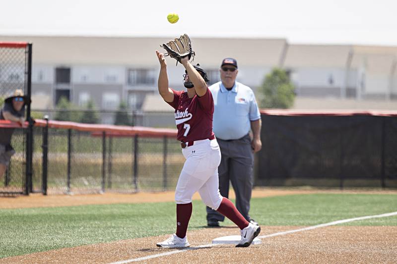 Antioch’s Syerra Gilmore hauls in a pop up against Charleston Friday, June 9, 2023 in the class 3A state softball semifinal.
