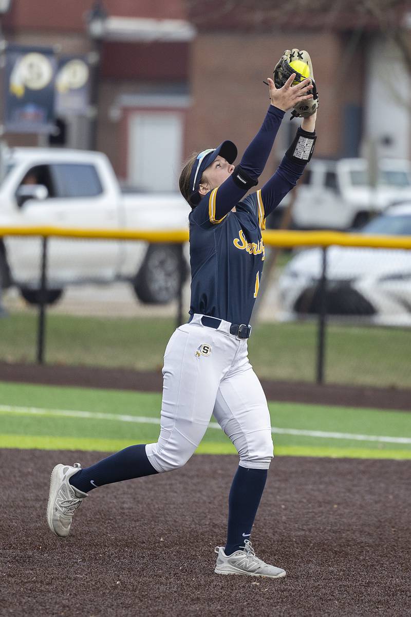 Sterling’s Breanna Taylor grabs a pop fly against Quincy Tuesday, March 31, 2026.