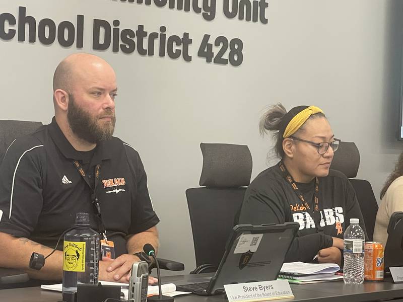 Board Vice President Steve Byers (left) sits in on discussion Tuesday, Sept. 5, 2023 at a meeting of the DeKalb District 428 school board.