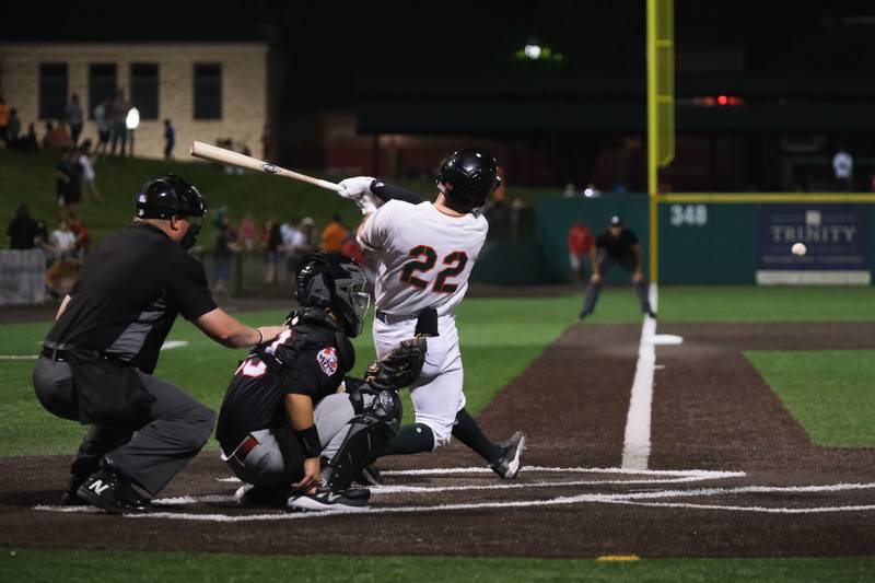 Joliet Slammers’ Scott Holzwasser connects for a double against the Ottawa Titans. Friday, May 13, 2022, in Joliet.