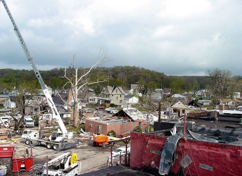 A rooftop view of the destruction of the tornado looking northeast downtown Utica in 2004.